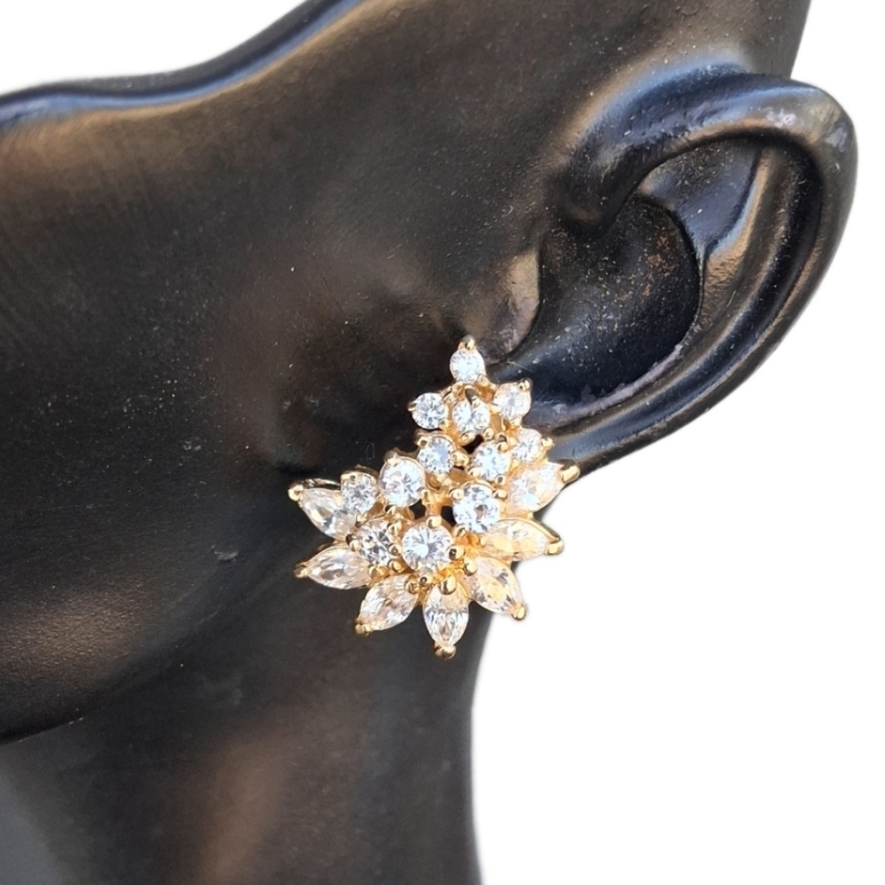Vintage Gold Flower Cluster Earrings with Clear Crystals